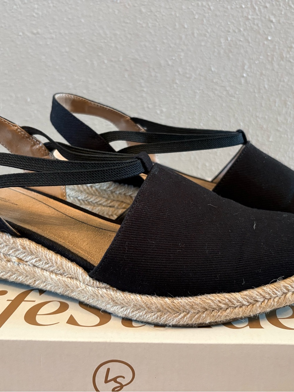 Life Stride Black Canvas Espadrille Slingback Wedge